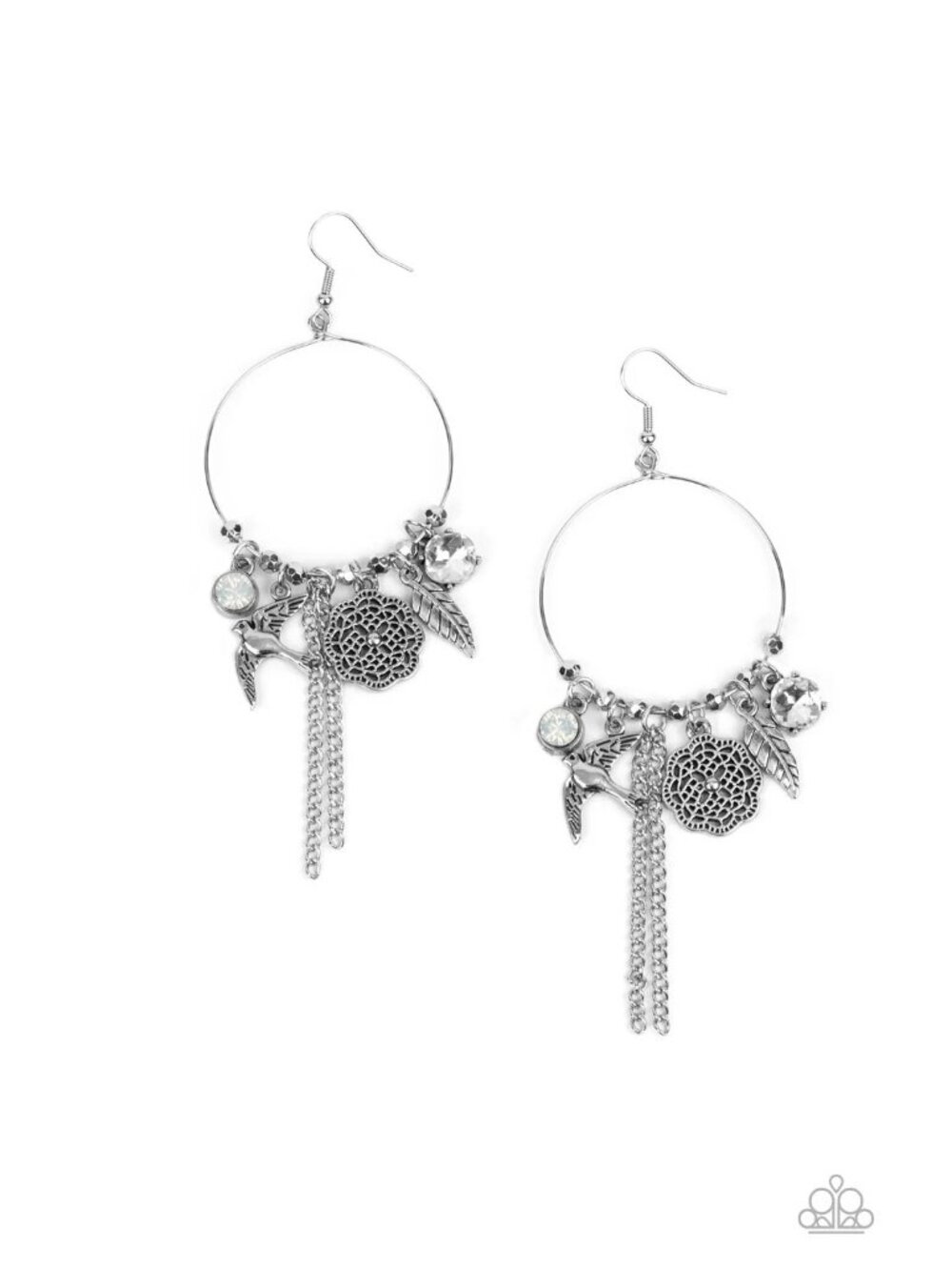 Silver Dangle Earring with Opal, Bird, Feather & Floral Charms – Boho Jewelry